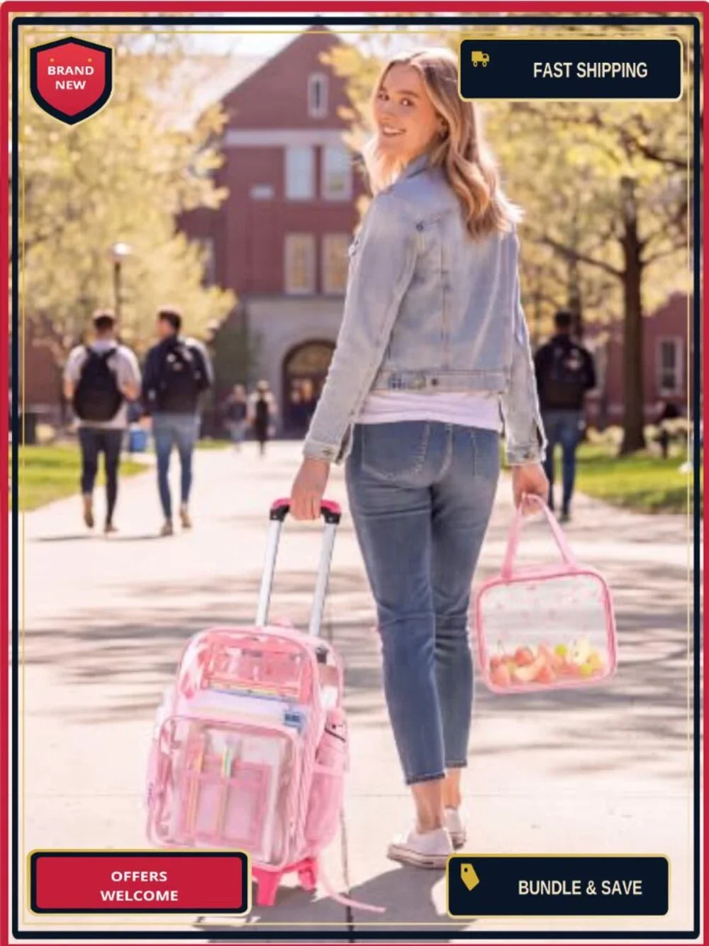 Kids Rolling Backpack Set Clear Transparent PVC Backpack with Lunch Bag and